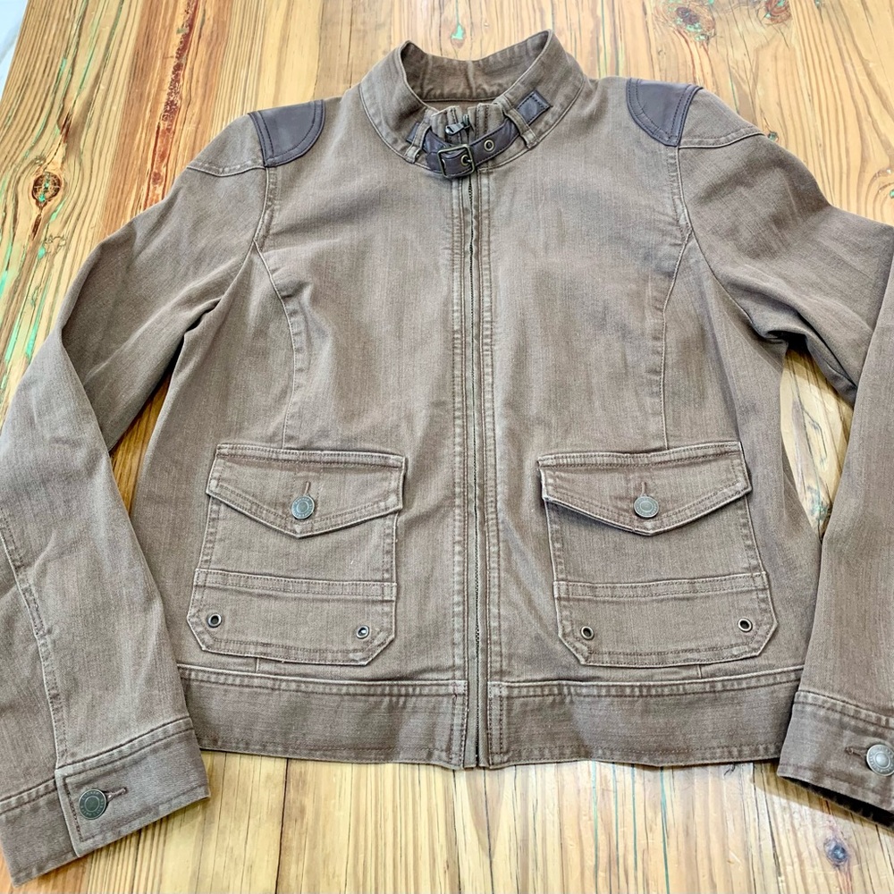LRL Ralph Lauren Brown Denim Jacket Moto Sheep Leather Shoulders Women's Sz 14